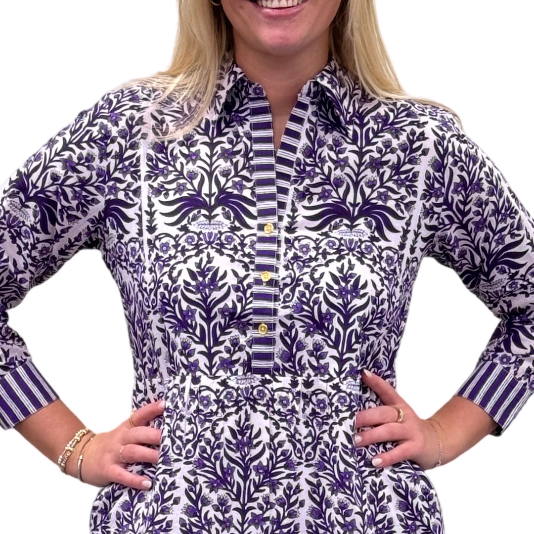 The Reagan Block Print Dress in Amethyst and White — view 4