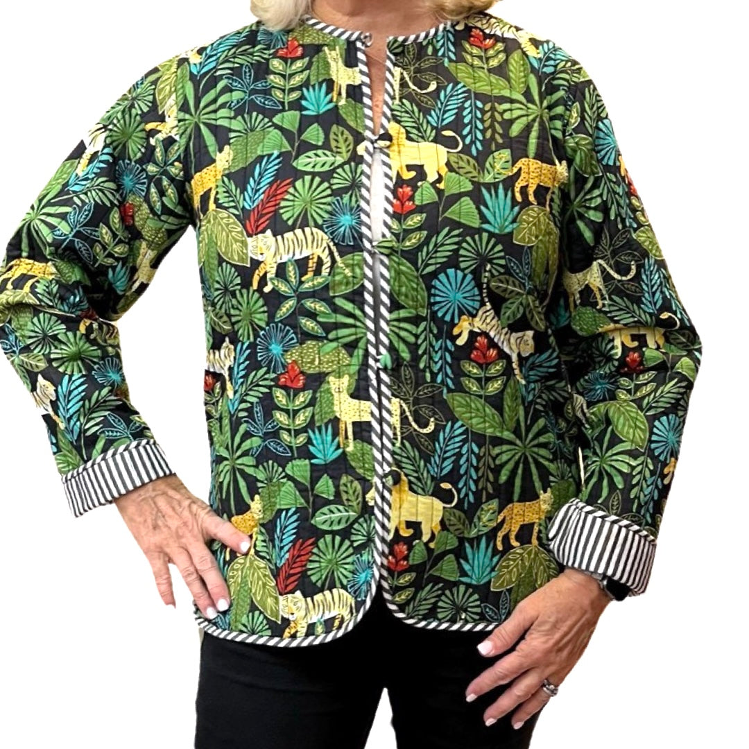 The Madeline Quilted Reversible Jacket in Black Multi Jungle Print — view 5