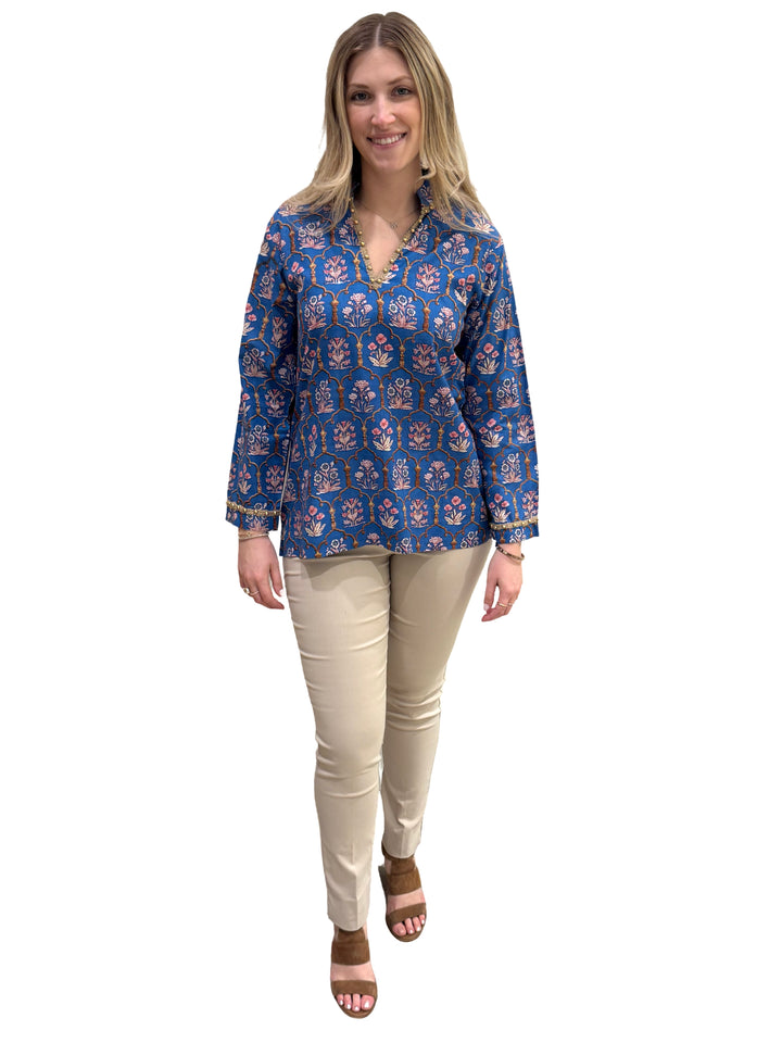 The Winslow Gold Bead Trim Tunic in Blue — view 4