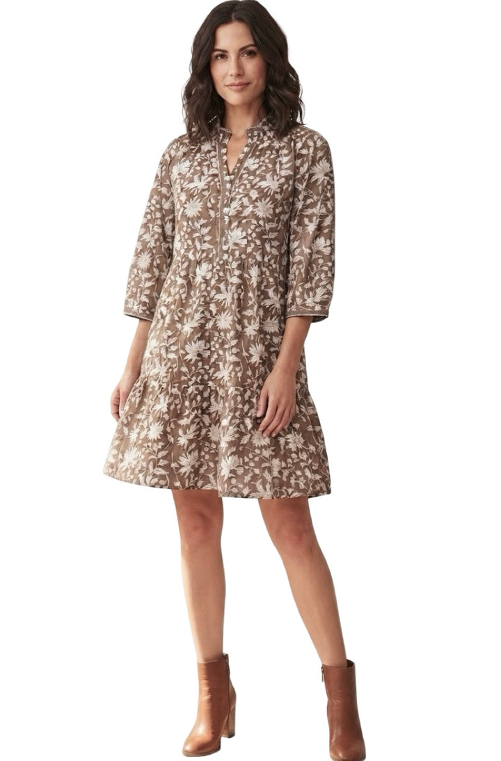 The Campbell Hand Block Printed Cotton Dress in Chocolate Brown