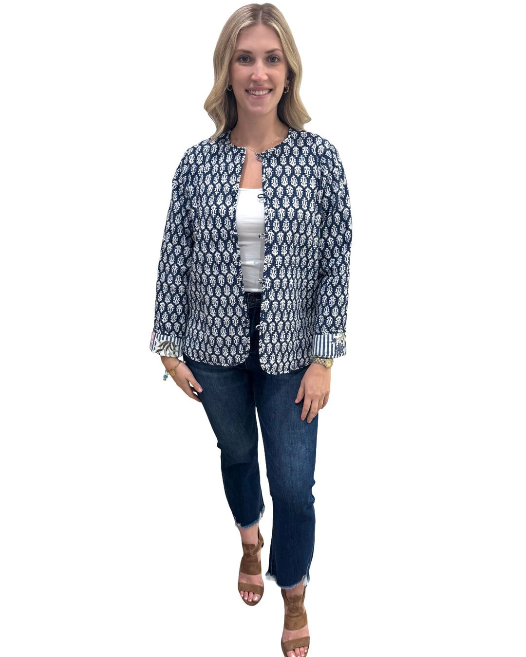The Madeline Reversible Hand Block Printed Jacket in Blue Striped Floral — view 5
