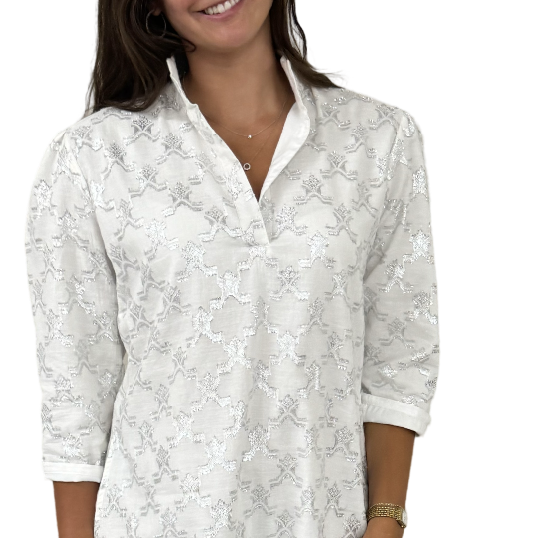 The Shipley Stand-Up Collar Dress in Metallic White and Silver — view 6