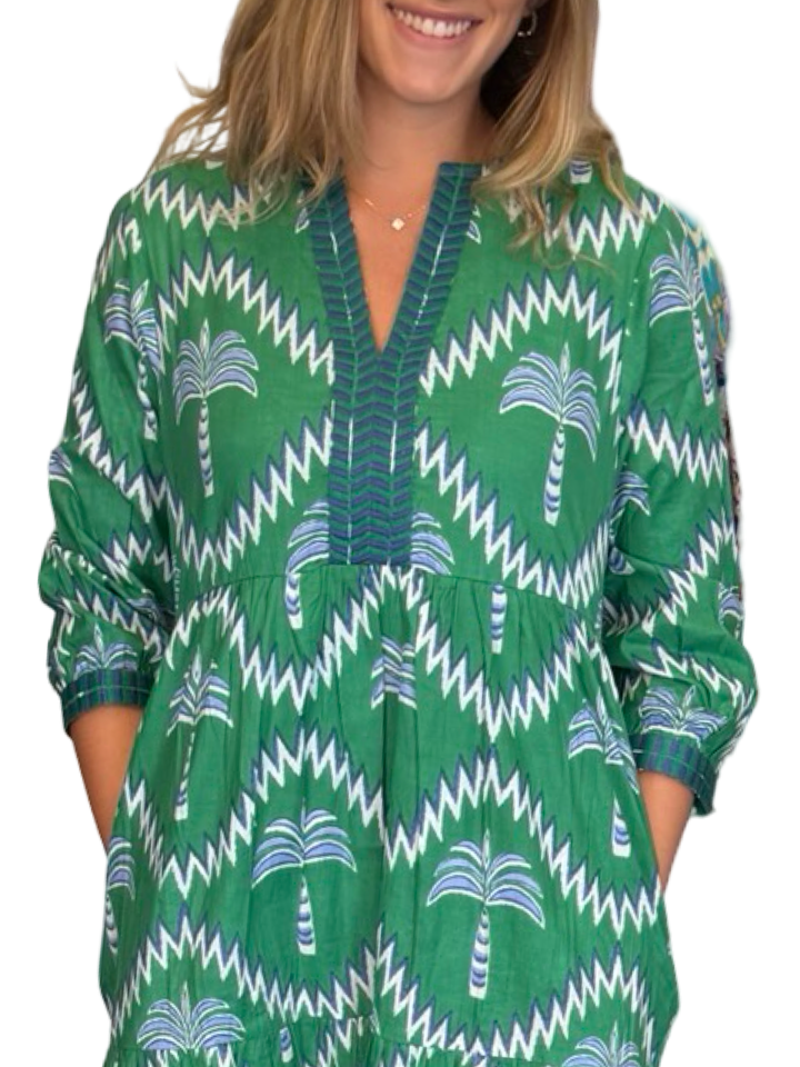 The Daniella Cotton Embroidered Trim Dress in Green Blue Palm Print