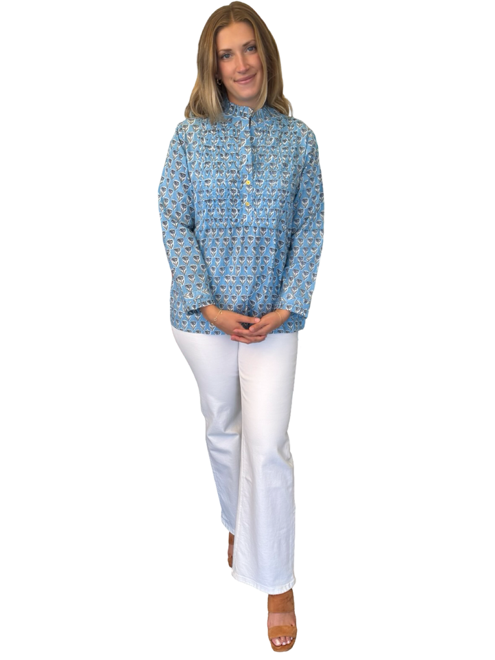 The Veronica Smocked Front Top in Light Blue Hand Block Printed Floral
