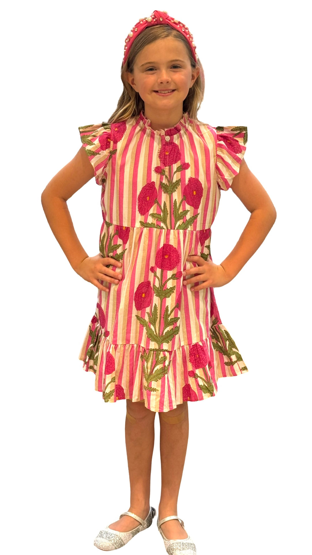 The Tinley Girl's Striped Hand Block Printed Dress in Pink — view 2