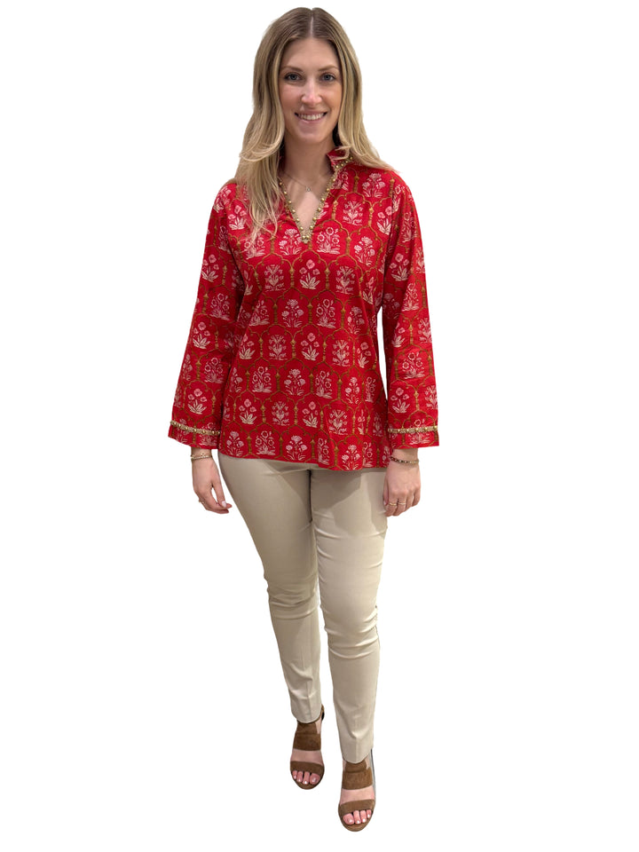 The Winslow Gold Bead Trim Tunic in Red — view 4