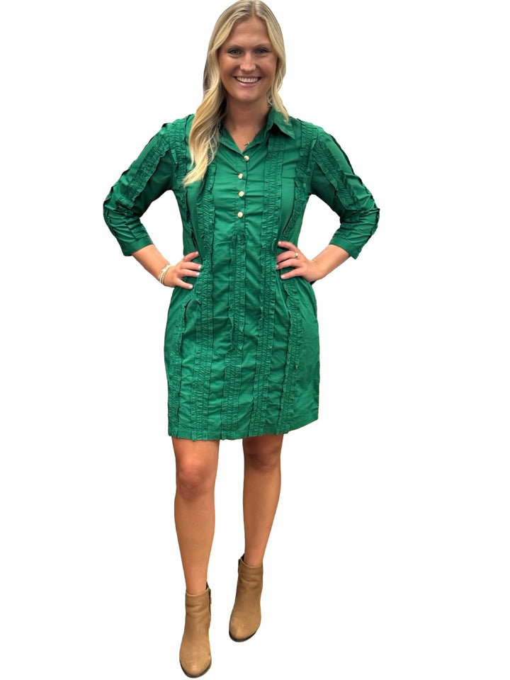 The Annika Button Front Shirt Dress in Emerald Green Ruffled Cotton
