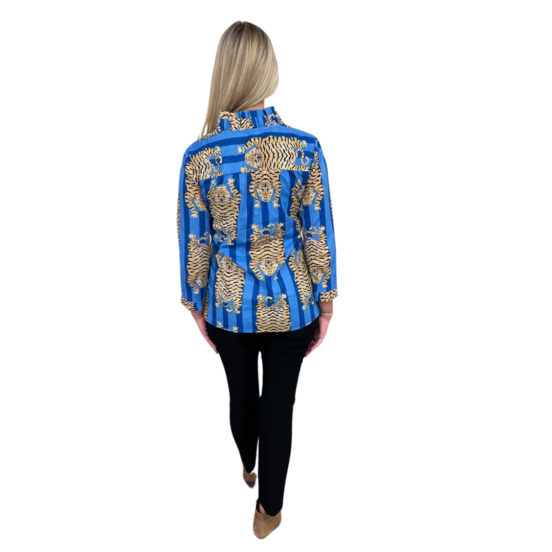 The Bessie Ruffle Front Top in Blue Tiger Stripe — view 6