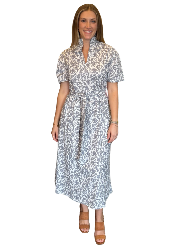The Laurel Ruffle Trim Dress in Grey White