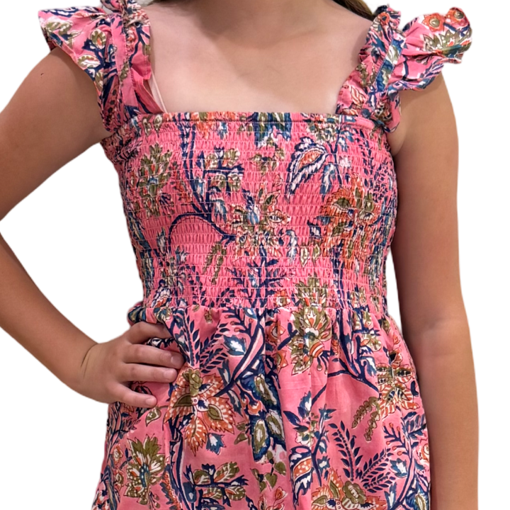 The Cloey Smocked Hand Block Printed Dress for Girls in Pink Floral — view 3