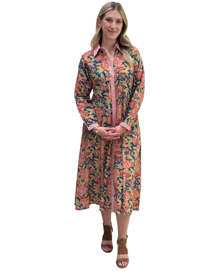 The Marion Hand Block Printed Button Front Dress in Green Red Floral