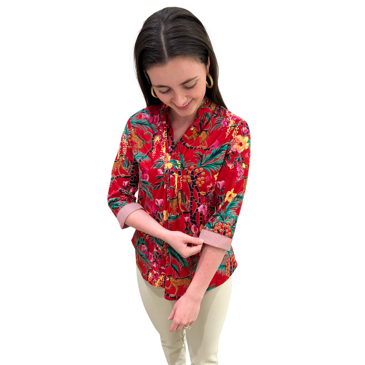 The Eloise Cotton Monkey Print Top in Crimson — view 5