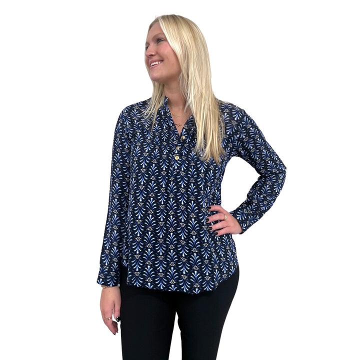 The Avery Button Front Top in Black and Blue Rayon Crepe — view 4