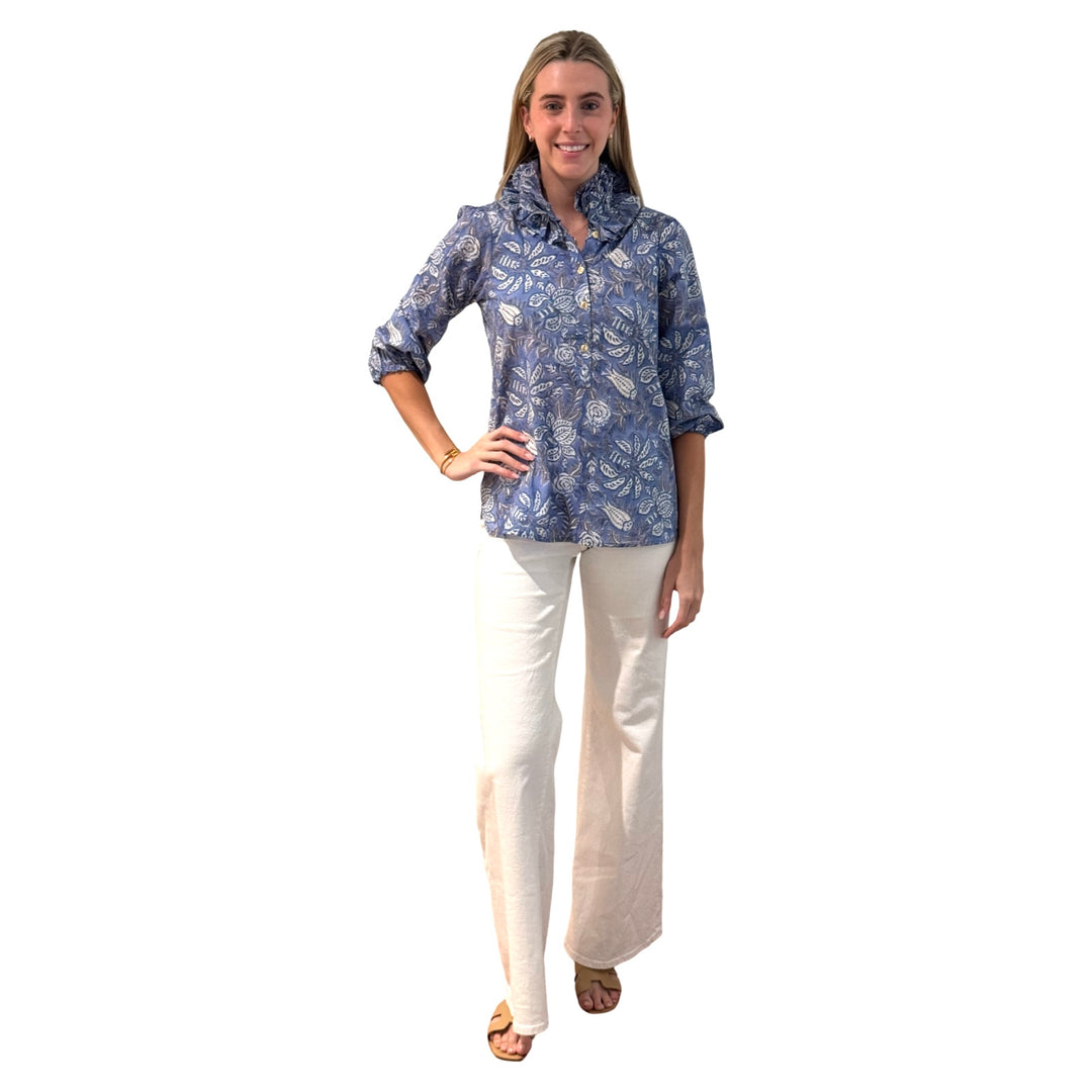 The Maria Ruffle Neck Blouse in Cotton Hand Blocked Blue Grey Floral — view 4