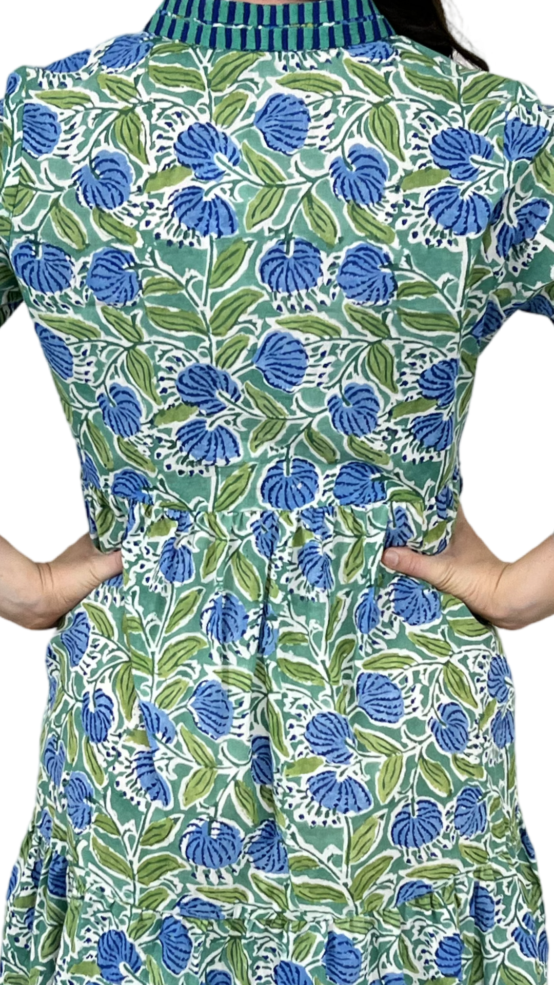 The Naomi Hand Block Printed Embroidered Trim Floral Dress in Green and Blue — view 6
