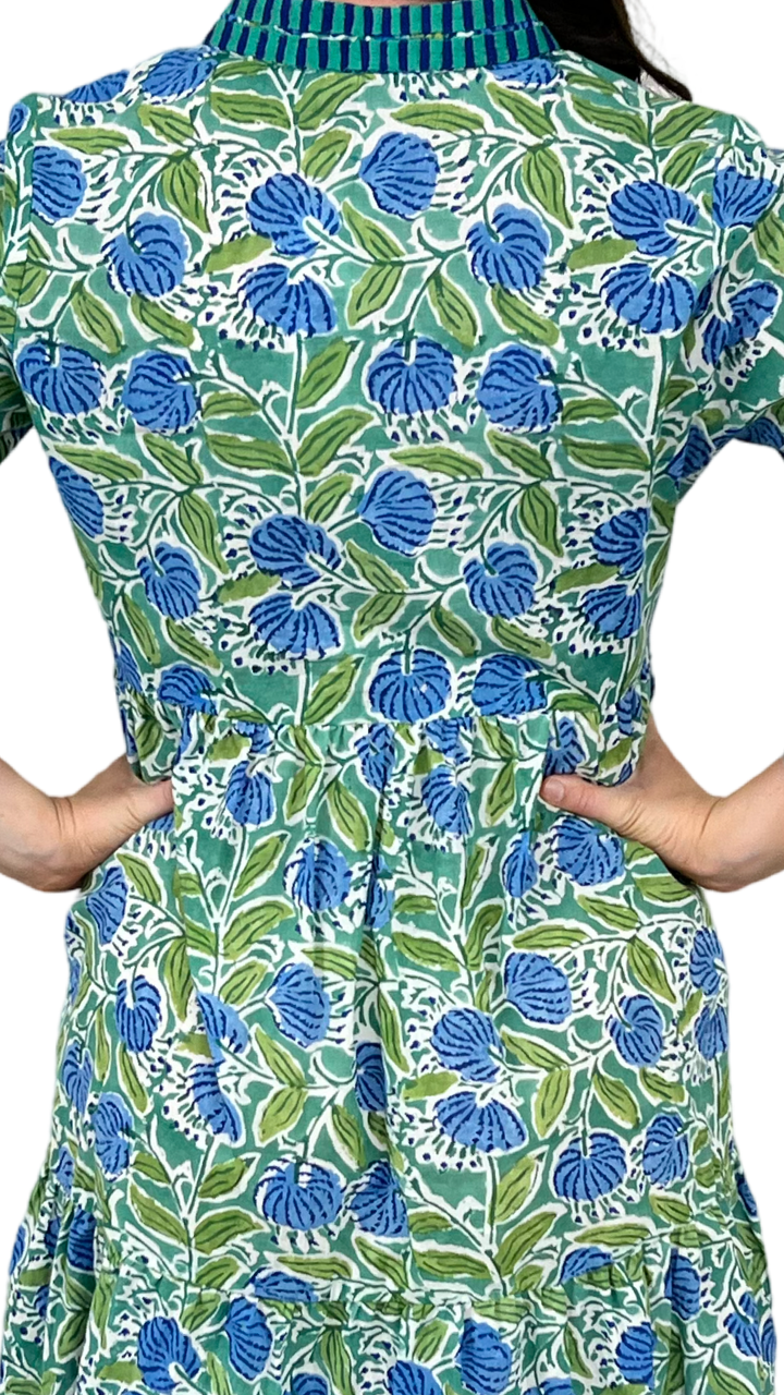 The Naomi Hand Block Printed Embroidered Trim Floral Dress in Green and Blue — view 6