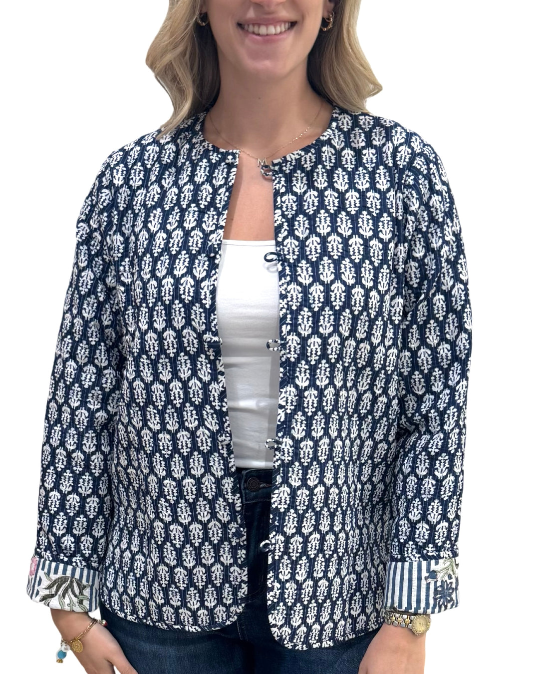 The Madeline Reversible Hand Block Printed Jacket in Blue Striped Floral — view 6
