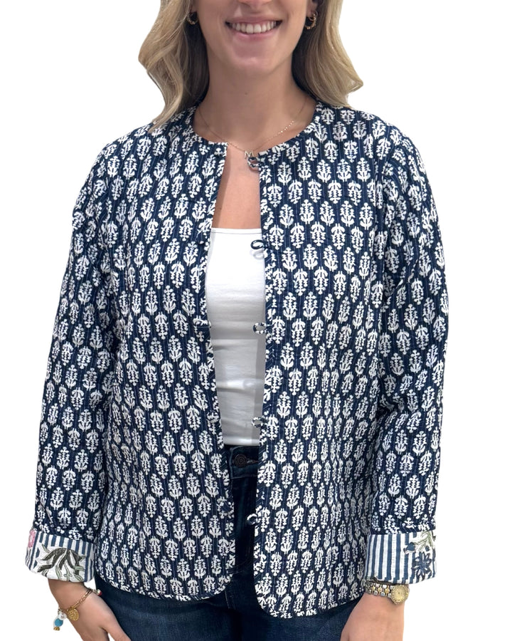 The Madeline Reversible Hand Block Printed Jacket in Blue Striped Floral — view 6