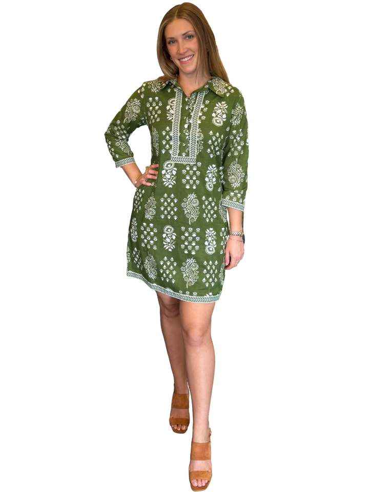 The Annika Button Front Dress in Olive Green and White