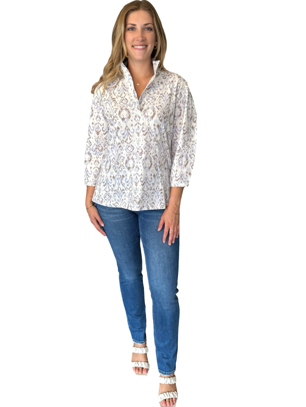 The Shipley Stand-Up Collar Top in Off White Blue and Brown Cotton Print — view 2