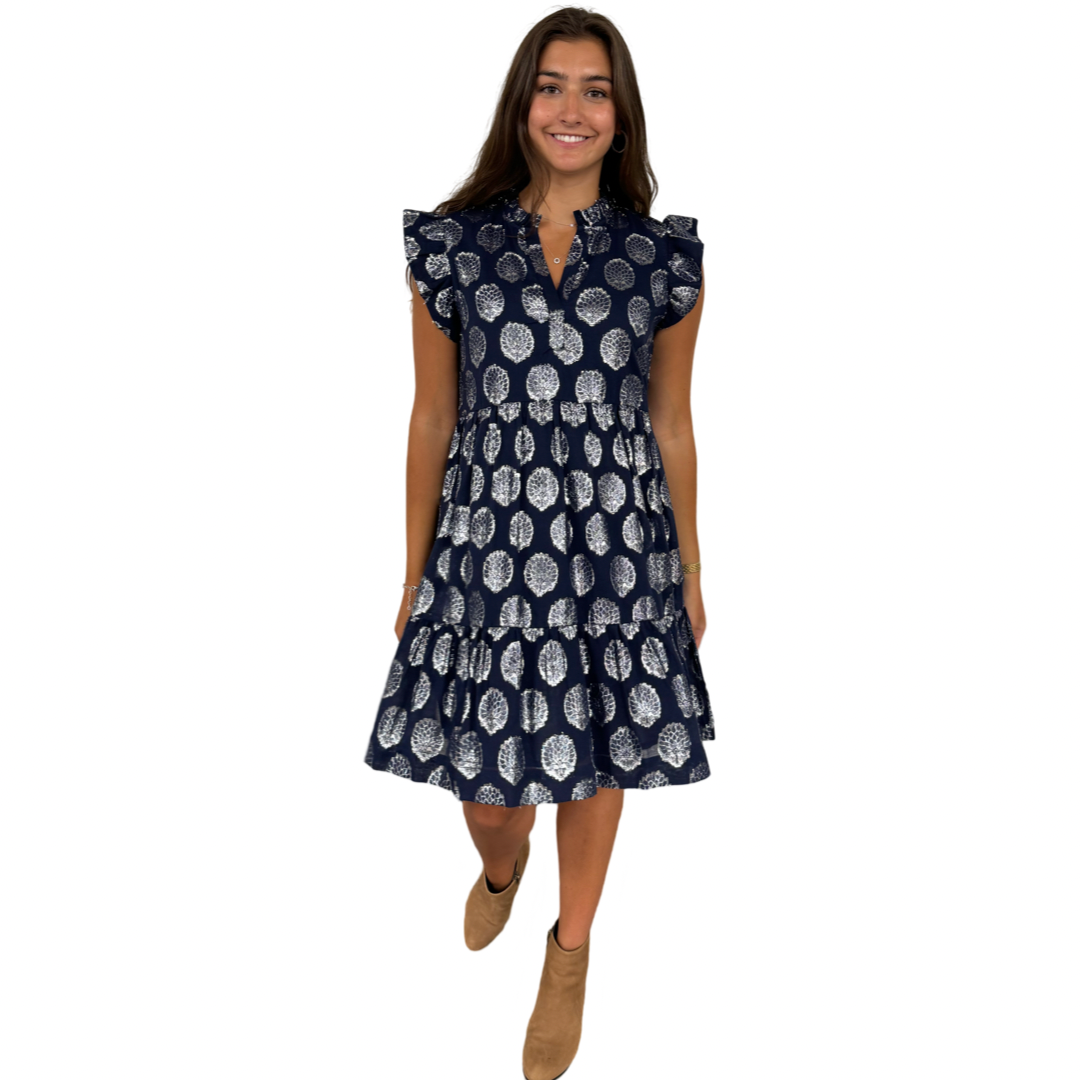 The Fiona Flutter Sleeve Dress in Navy and Silver — view 7