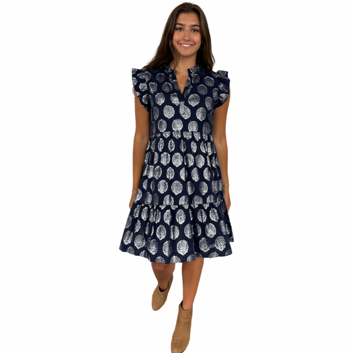 The Fiona Flutter Sleeve Dress in Navy and Silver — view 7