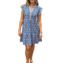 The Campbell Flutter Sleeve Dress in Blue White Trellis Print