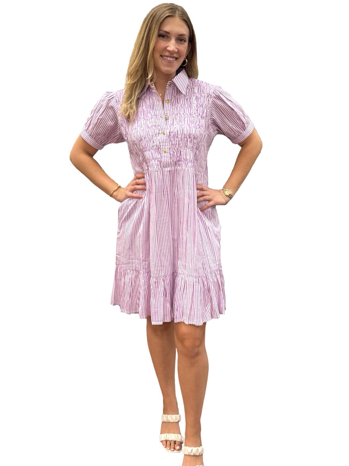 The Tasha Smocked Front Dress in Lavender and White Stripe
