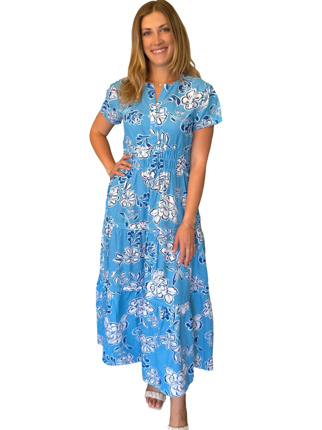 The Sydney Cinch Waist Dress in Blue Turquoise Floral