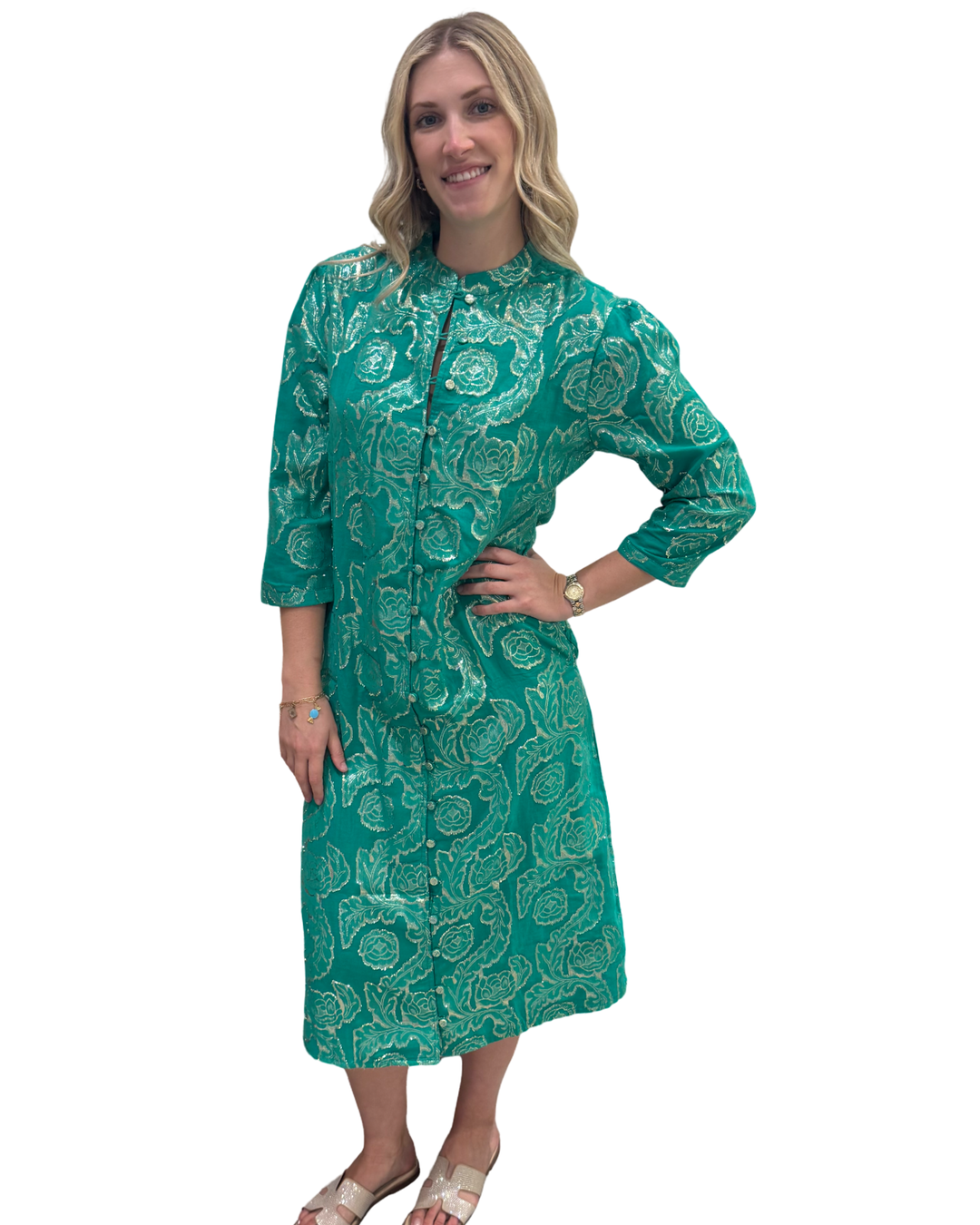 The Tabitha Button Front 3/4 Sleeve Dress  in Emerald Green and Gold — view 3