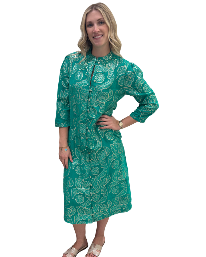 The Tabitha Button Front 3/4 Sleeve Dress  in Emerald Green and Gold — view 3