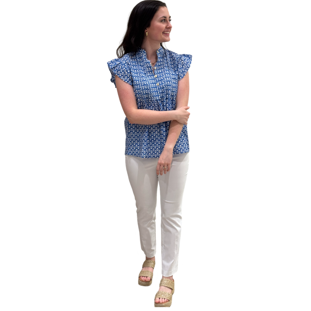 The Ava Pin Tuck Flutter Sleeve Top in Ocean Blue and White Floral — view 2