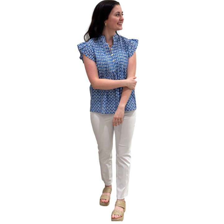 The Ava Pin Tuck Flutter Sleeve Top in Ocean Blue and White Floral — view 2