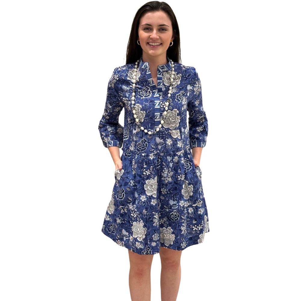 The Makayla Block Print Dress in Blue Floral — view 2