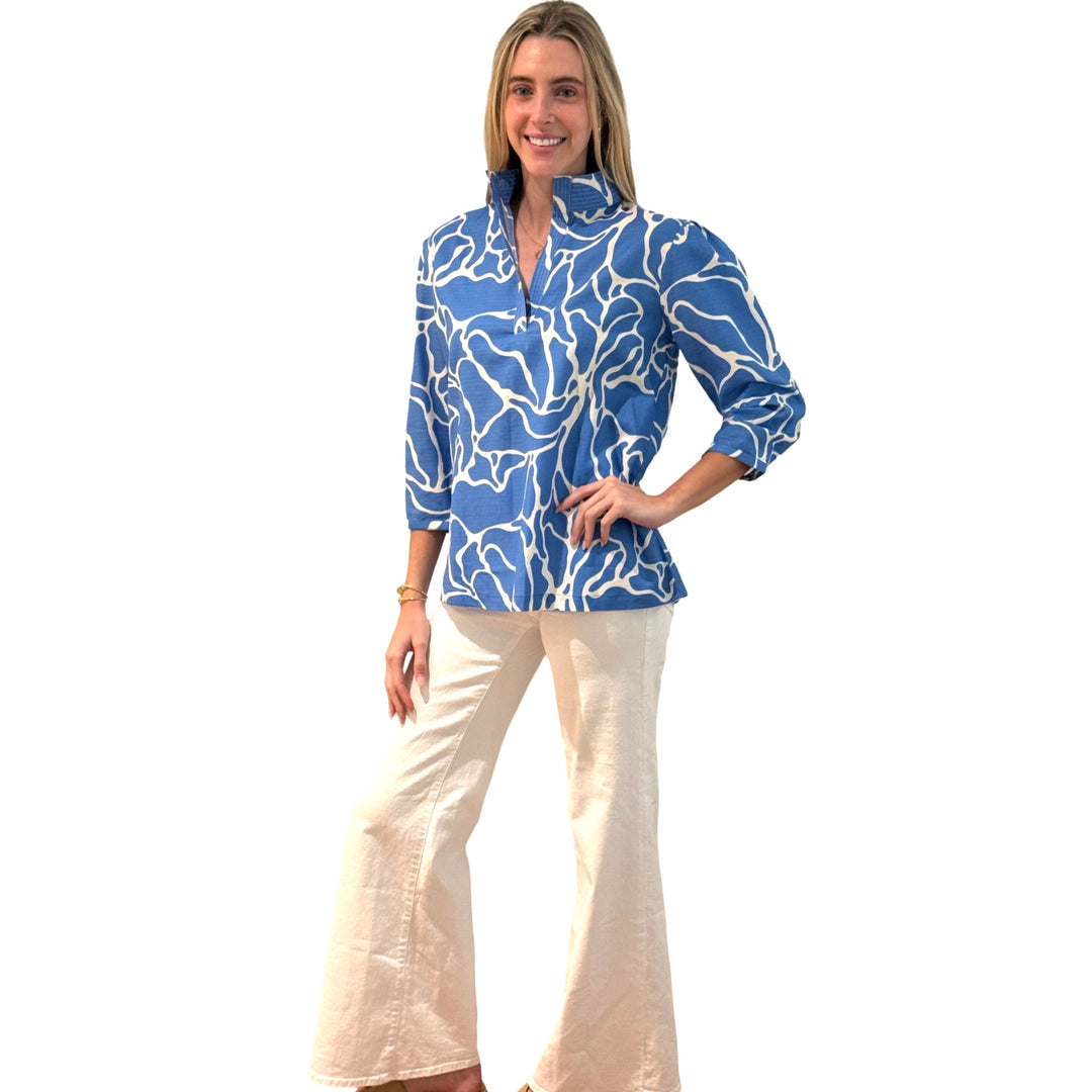 The Shipley Stand-Up Collar Top in Blue White Abstract — view 5
