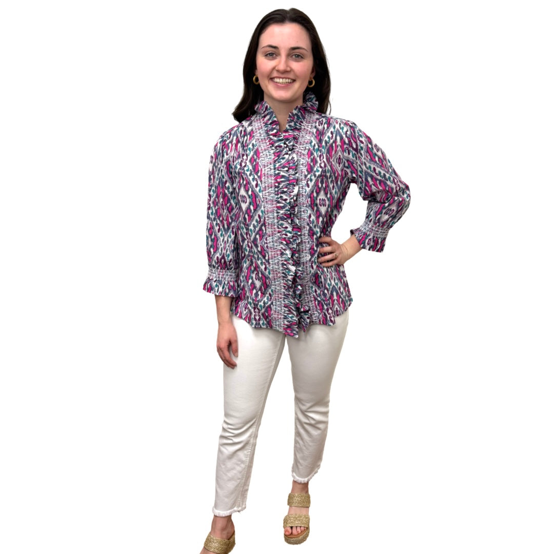 The Amelia Ruffle Trim Smocked Top in Pink and Navy Ikat — view 8