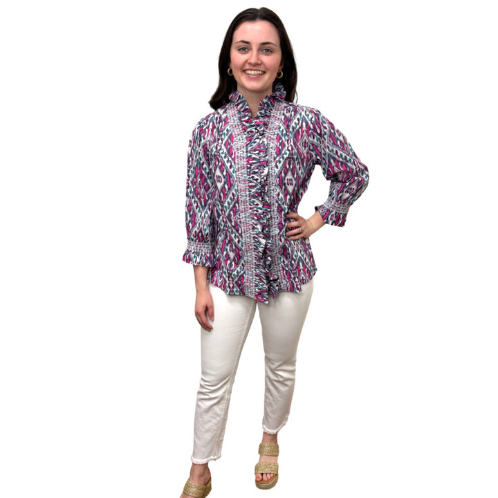 The Amelia Ruffle Trim Smocked Top in Pink and Navy Ikat — view 8