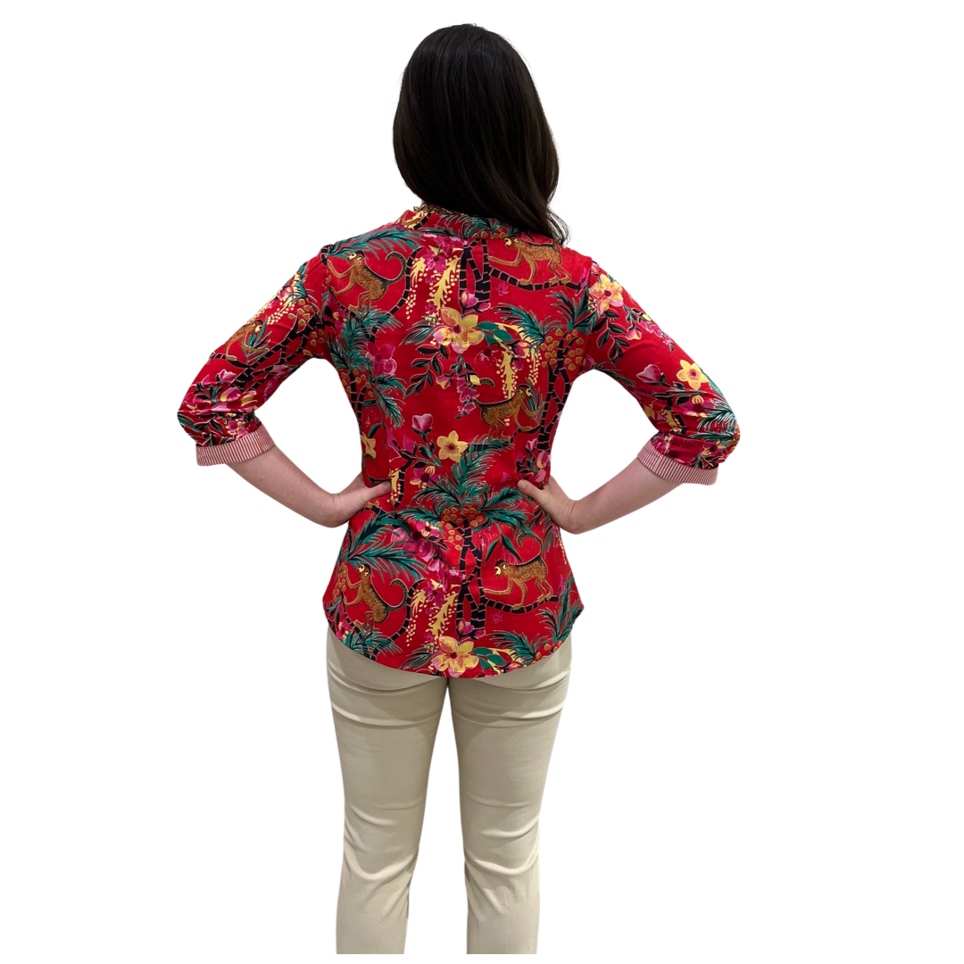 The Eloise Cotton Monkey Print Top in Crimson — view 6
