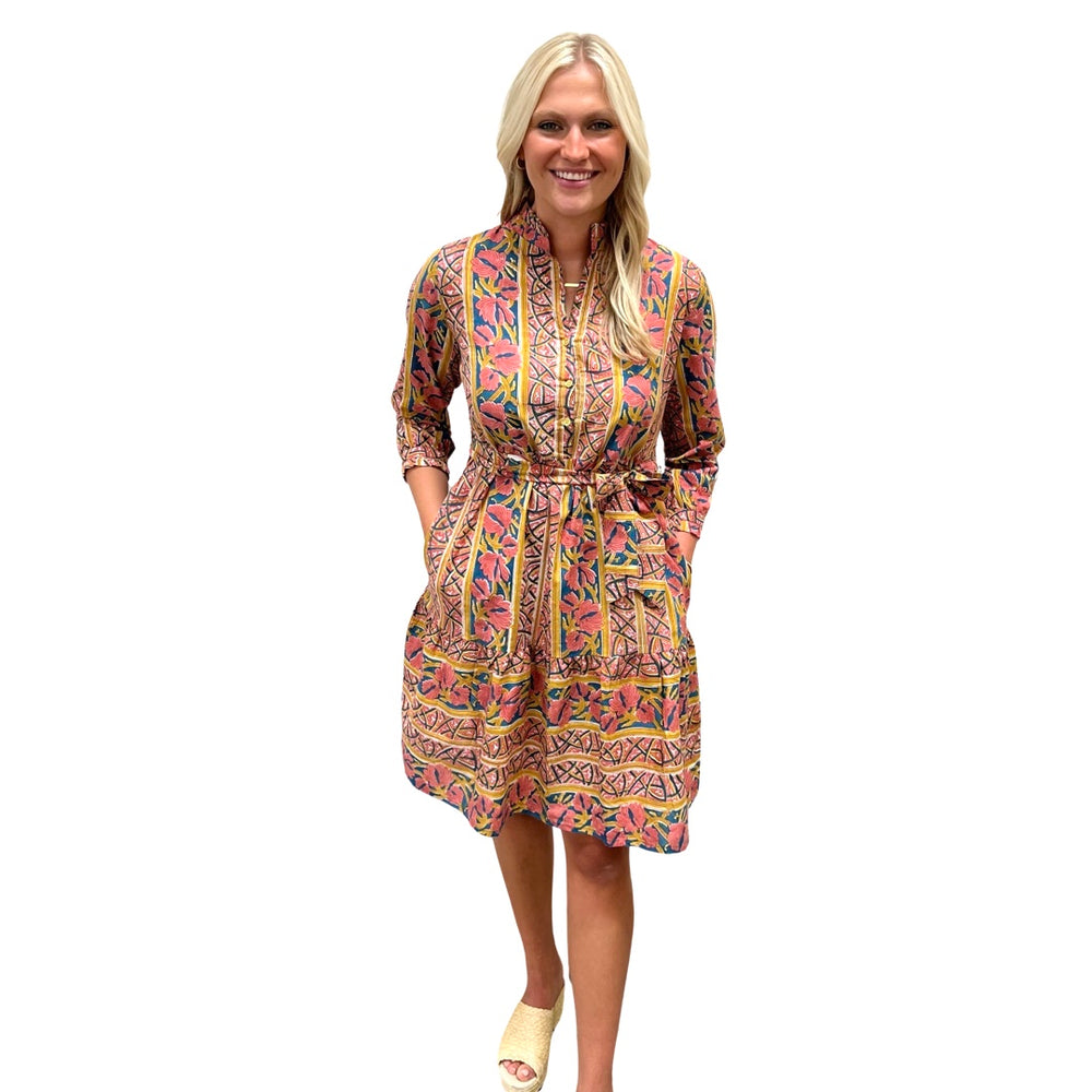 The Hampton Button Front Sash Dress in Peach and Gold — view 2