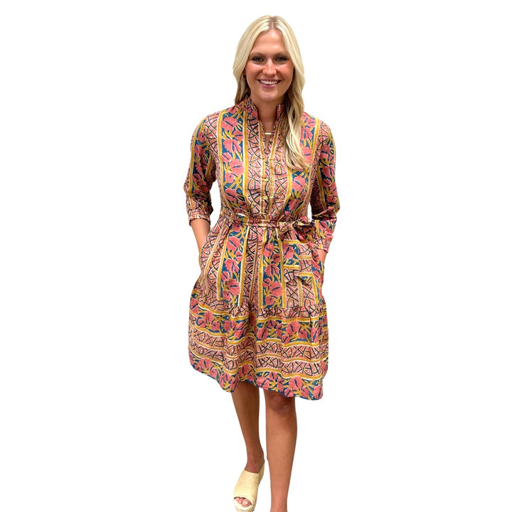 The Hampton Button Front Sash Dress in Peach and Gold — view 2