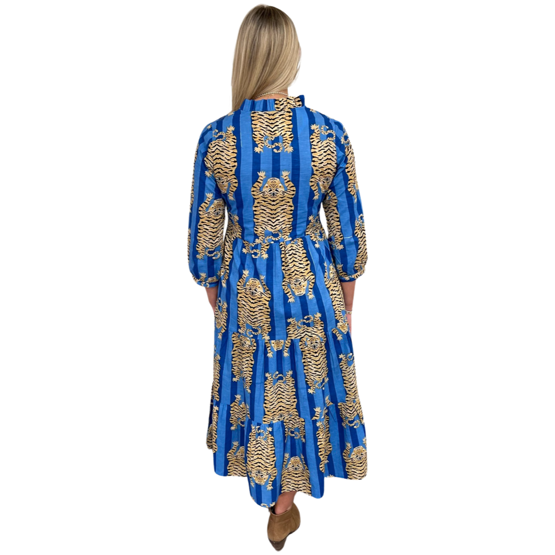 The Campbell Tiger Stripe 3/4 Sleeve Midi Dress in Blue