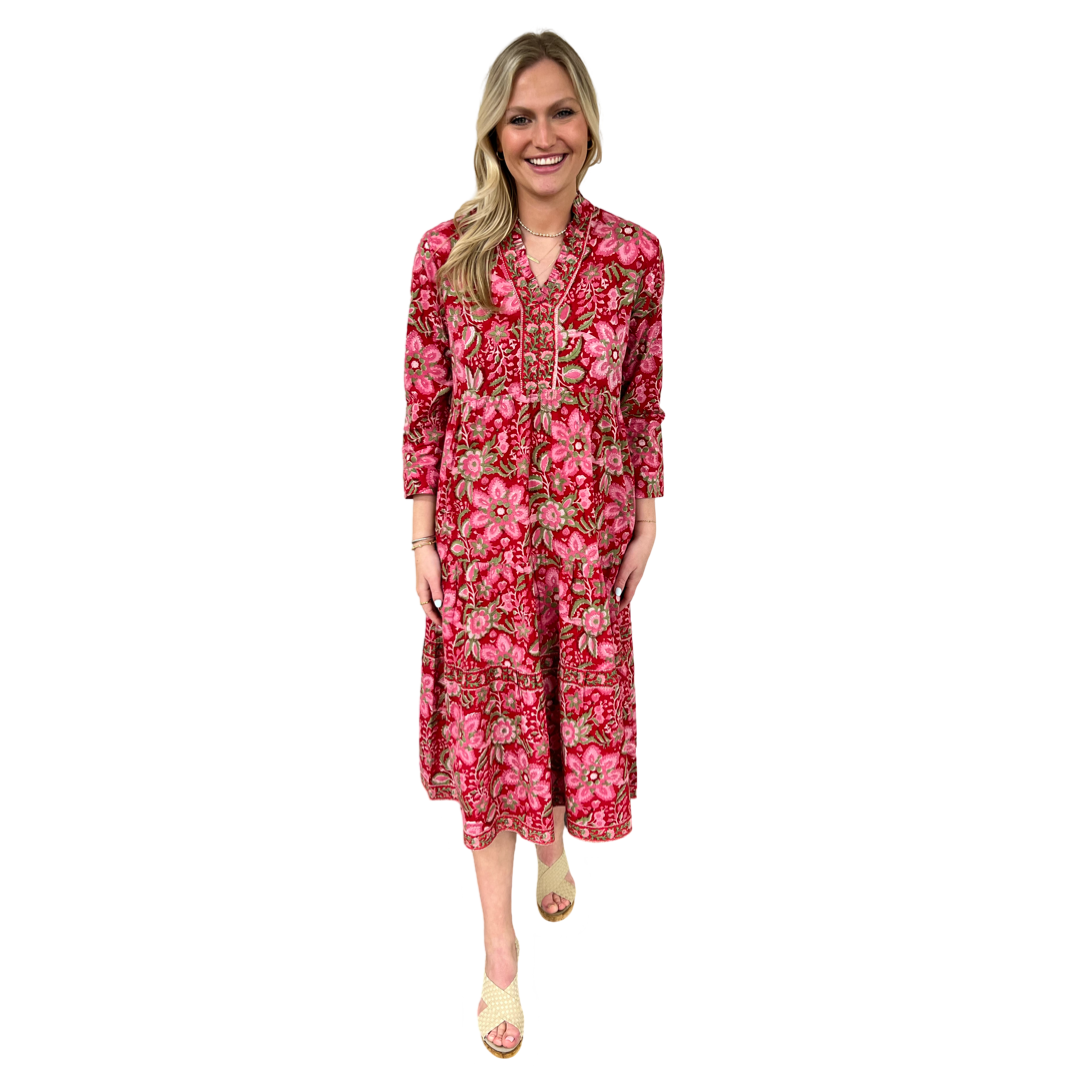 knee length dresses for ladies The Abigail Cotton Midi Dress in Handblocked Poppy Floral – Liza Byrd