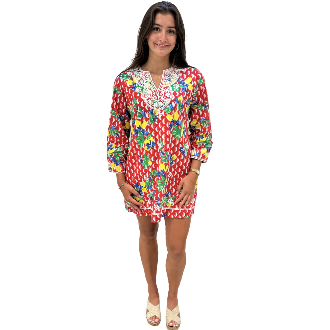 The Key Largo Embroidered Tunic in Red and White Geometric Floral — view 5