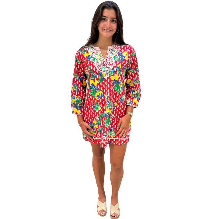 The Key Largo Embroidered Tunic in Red and White Geometric Floral — view 5