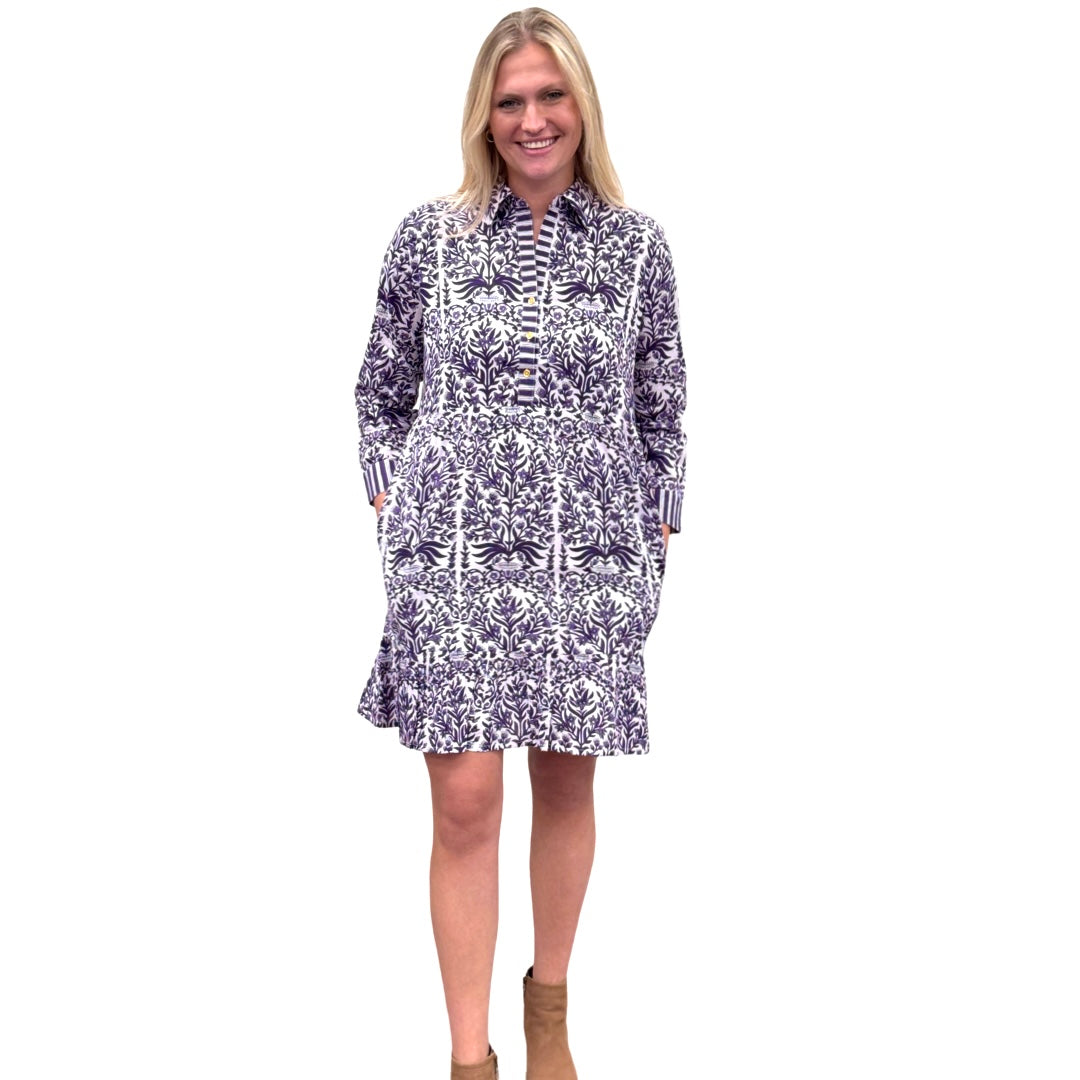 The Reagan Block Print Dress in Amethyst and White — view 3