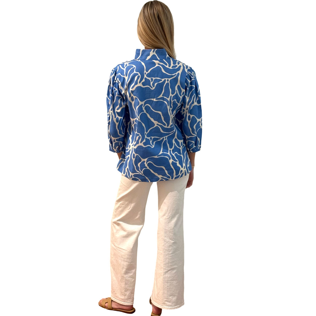 The Shipley Stand-Up Collar Top in Blue White Abstract — view 6