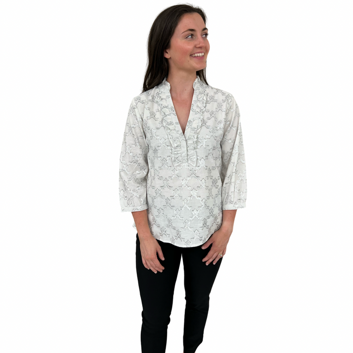 The Emerson Metallic White and Silver Jacquard Blouse — view 3