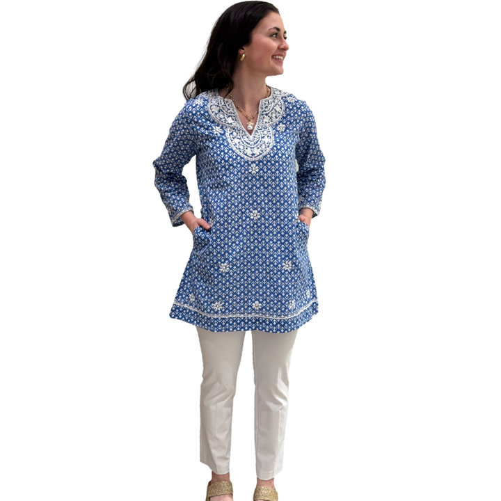The Key Largo Tunic in Blue and White Petite Floral Hand Blocked — view 3