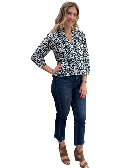 The Bella Cotton  3/4 Sleeve Top in Navy and White — view 3