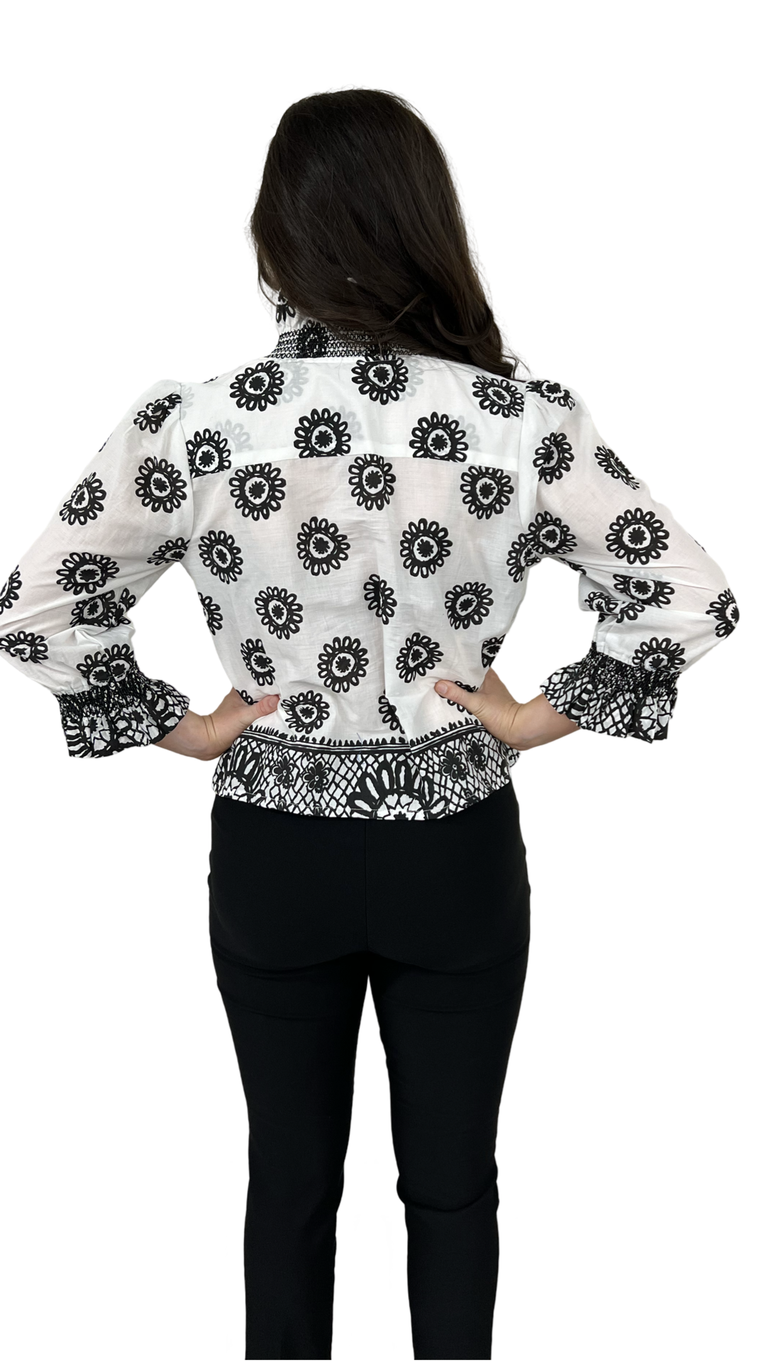 The Amelia Ruffle Front Top in Optic Black White Border Print — view 4